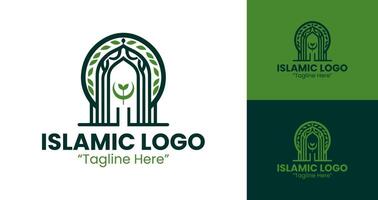 Elegant Islamic Logo Design in Green with Crescent and Dome for Branding vector