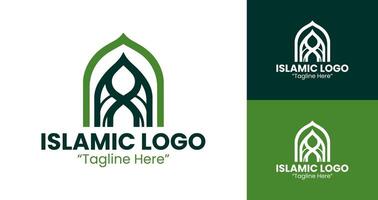 Luxurious Islamic Logo Design in Green with Crescent and Mosque Dome vector