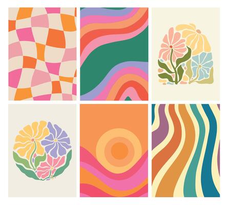 Groovy wallpapers and backgrounds collection for cards, posters, prints, templates, banners, etc. Retro wallpaper set. EPS 10