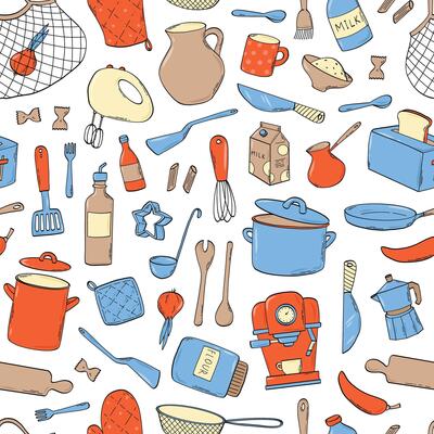 Kitchen utensils, kitchenware doodles seamless pattern for wallpapers, backgrounds, banners, textile prints, towels, napkins, wrapping paper, etc. EPS 10