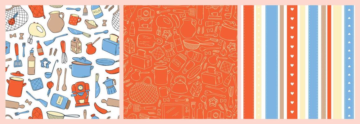 Kitchen seamless patterns decorated with doodles of kitchen utensils for textile prints, wallpaper, wrapping paper, scrapbooking, stationery, etc. EPS 10