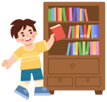 Illustration of cheerful boy taking a book from a bookshelf png