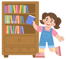 Illustration of cheerful girl taking a book from a bookshelf png