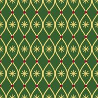 A festive green pattern features golden, leaf-like curves intersecting with small red dots, framing yellow asterisk-like stars vector