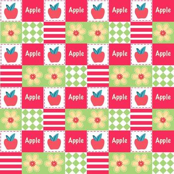 A vibrant and playful pattern featuring apples, flowers, and geometric elements vector
