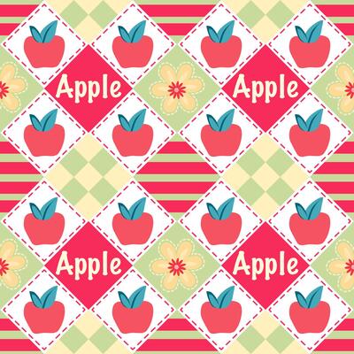 A delightful and vibrant pattern of red apples and cheerful flowers on a whimsical checkered and striped background