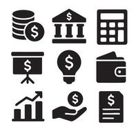 Finance and Banking Icons Set in Flat Black Silhouette Style for Business and Investment Applications vector