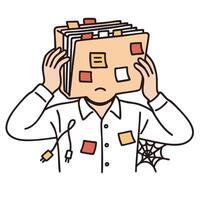 Overwhelmed person with files and sticky notes, feeling stressed and disorganized vector