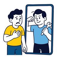 Self improvement concept with person looking at confident reflection in mirror vector