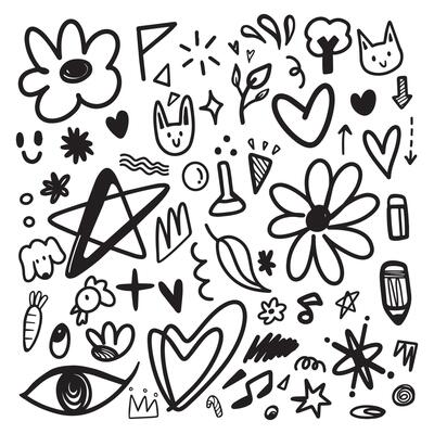 Doodle hand drawn outline for illustration. Element of flower, heart, cat, rabbit, sparkle and abstract