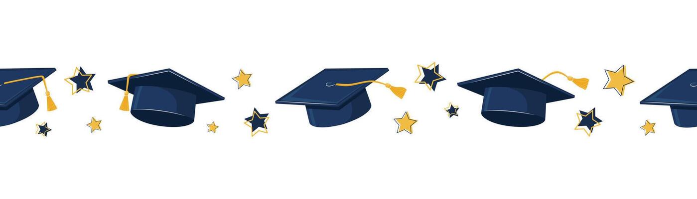 Seamless Border Strip With Academic Caps, Gold Stars, And Tassels Arranged Horizontally On White. Education Celebration Concept For Banner And Print.