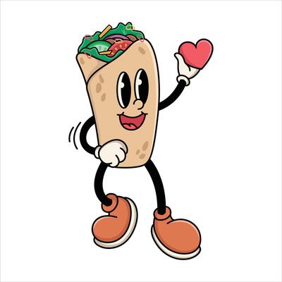 Happy Burrito Mascot with Love Symbol in Hand