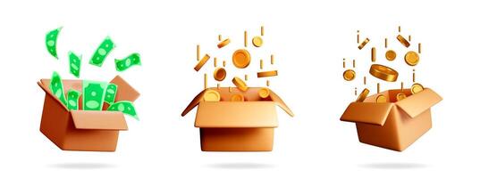 Money note and coin falling into cardboard box vector