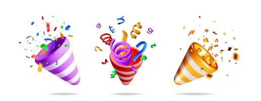 3d party poppers with exploding confetti vector