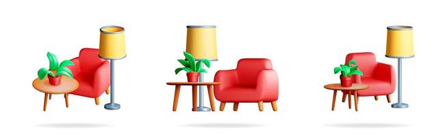 A set of 3d illustrations of a red armchair vector