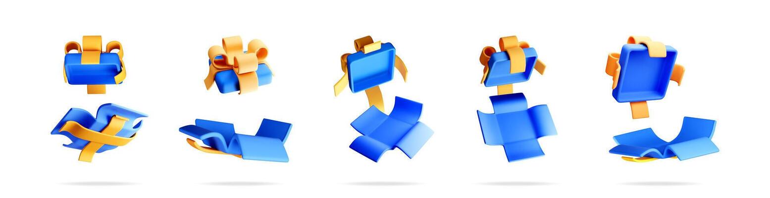 Blue 3d gift box collection with orange ribbon