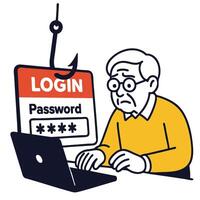 Concerned elderly man using laptop for login, feeling anxious about password security vector