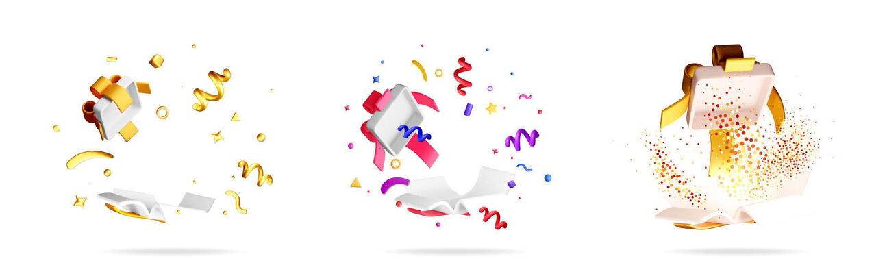 Set collection of opened gift boxes with confetti