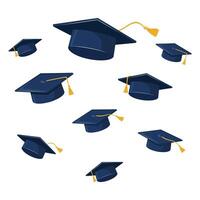 Collection Of Blue Graduation Caps Flying In Air With Tassels. Educational Achievement And Graduation Concept For Poster And Wallpaper. Graduation Theme. vector