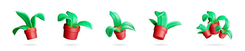 Five 3d rendering green plants in red pots vector