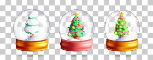 Three 3D snow globes with Christmas tree inside vector