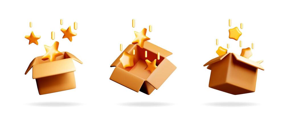 Set of 3d gift boxes with falling golden stars