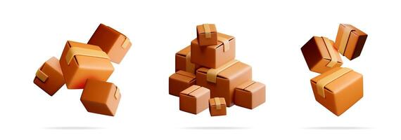 Collection of 3d brown carton box with beige tape vector