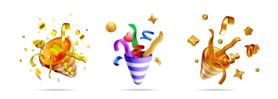 Set of 3d rendering party popper with confetti vector