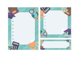 School themed template copy space background set with stationery elements such a notebook, calculator, and ruler. Back to school background collection vector