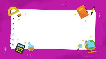 Education themed copy space background with stationery tool such a notebook and pencil. School supplies on purple background with blank sheets for text vector