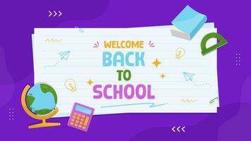 Welcome back to school greeting on purple background with paper and stationery. Back to school horizontal background template vector