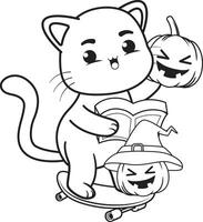 A cat on a skateboard with a pumpkin and a book coloring page vector
