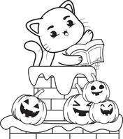 A cat reading a book on a pile of pumpkins vector
