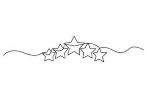 One line drawing of five stars in continuous minimalist style for review, feedback and quality rating vector
