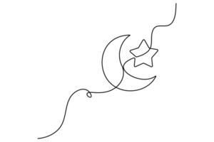 Ramadan crescent moon and star continuous one line drawing for Islamic holy month decoration on white background vector