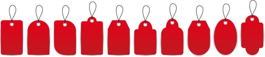Set of isolated realistic red blank tags or retail labels with string. Sale price tags. vector