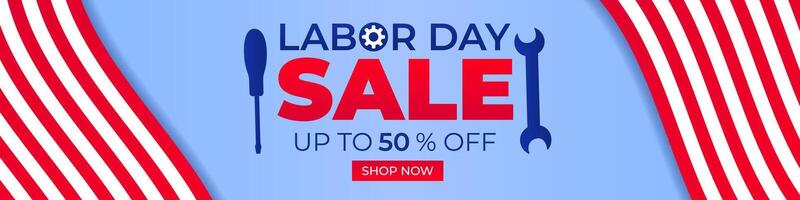 Labor Day Sale Horizontal Banner with American Flag Stripes, Web Template, Up to 50 Percent Off vector