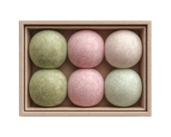 Six Colorful Japanese Mochi Balls in Wooden Box Display png