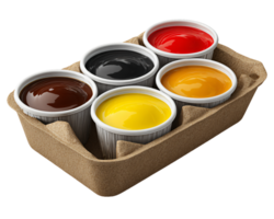 Five Containers of Various Paints in a Cardboard Tray for Creativity png