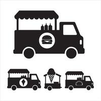 Collection of stylized black food trucks featuring burgers ice cream and tacos vector