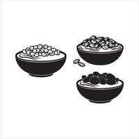 Three black bowls filled with various grains and legumes vector