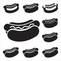 Collection of stylized black hot dog icons with wavy condiment details vector