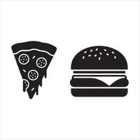 Stylized black icons of a pepperoni pizza slice and a cheeseburger vector
