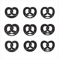 Nine black pretzel icons with white salt sprinkles on a white background vector