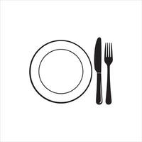 Simple black silhouette of a plate with knife and fork on white background vector