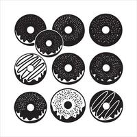 Collection of black and white donuts with sprinkles and glaze vector