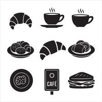 Collection of black and white icons representing breakfast and cafe items vector