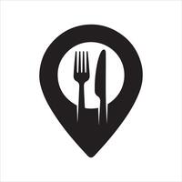 Restaurant location pin with fork and knife silhouette vector