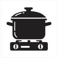 Black cooking pot with lid on a stove top with burners vector