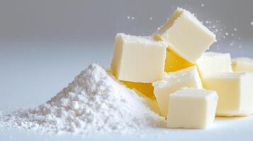 macro image of white powder and softened butter cubes photo